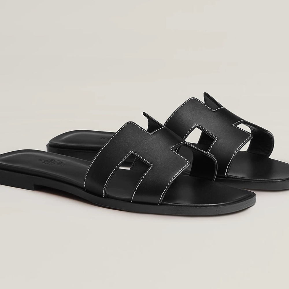 Authentic Hermes Oran Sandals Black Women EU39.5/US8-8.5 Box Dust Bags Receipt
